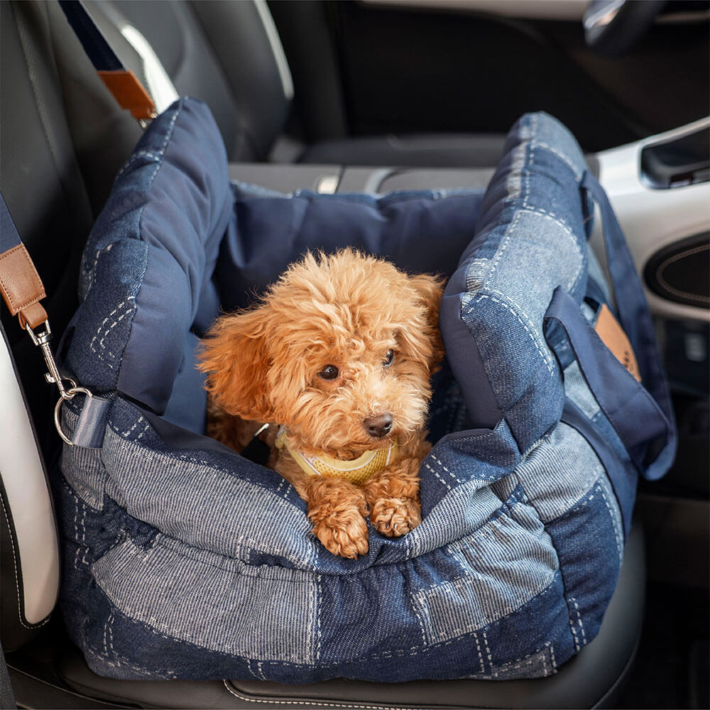Travel Safety Bolster Vintage Denim Patchwork Dog Car Seat Bed