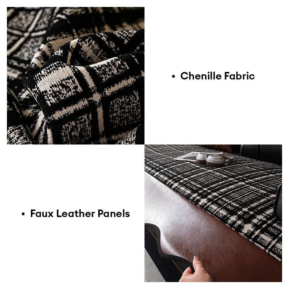 Vintage Chenille Sofa Protector with Faux Leather Panels Non-Slip Couch Cover