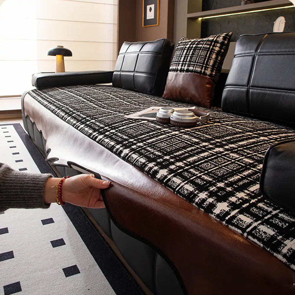 Vintage Chenille Sofa Protector with Faux Leather Panels Non-Slip Couch Cover