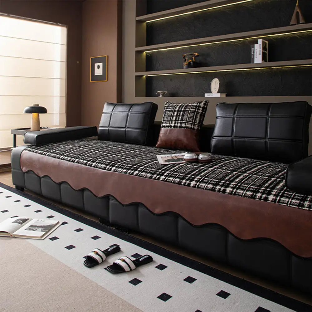 Vintage Chenille Sofa Protector with Faux Leather Panels Non-Slip Couch Cover