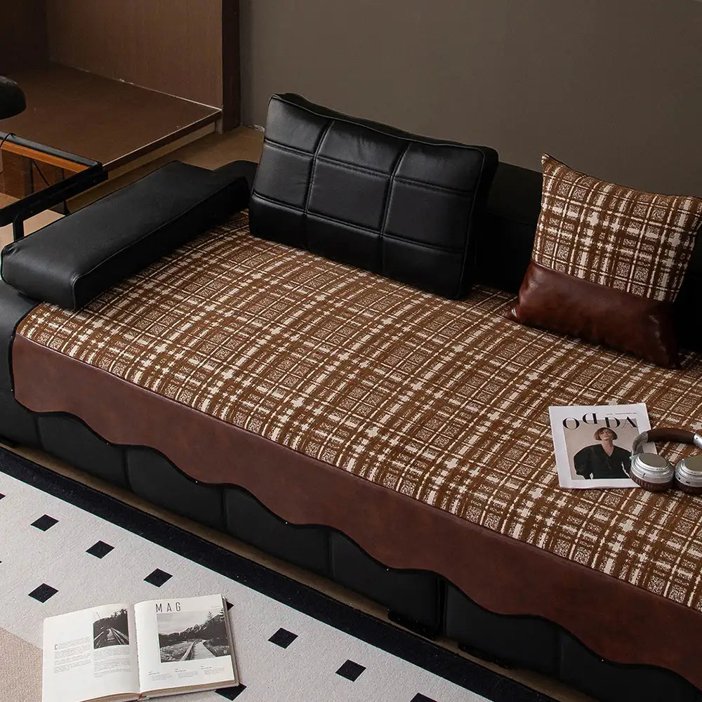 Vintage Chenille Sofa Protector with Faux Leather Panels Non-Slip Couch Cover