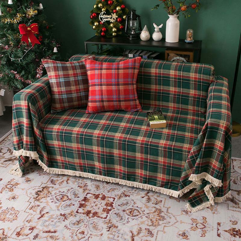 Vintage Christmas Style Plaid Blanket Full Wrap Couch Cover - FunnyFuzzy