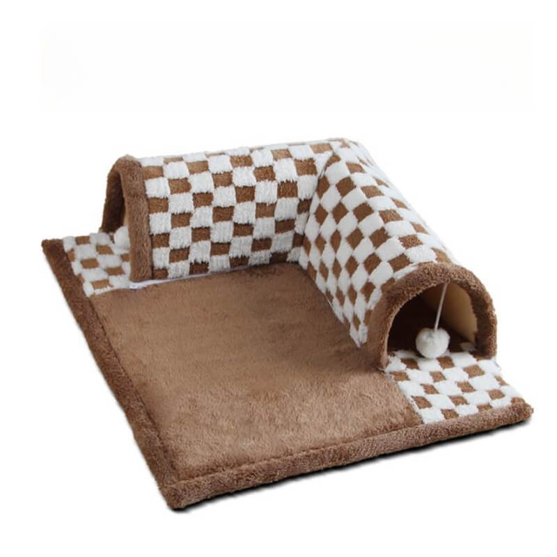 2-in-1 Funny Plush Plaid Checkered Cat Tunnel Bed