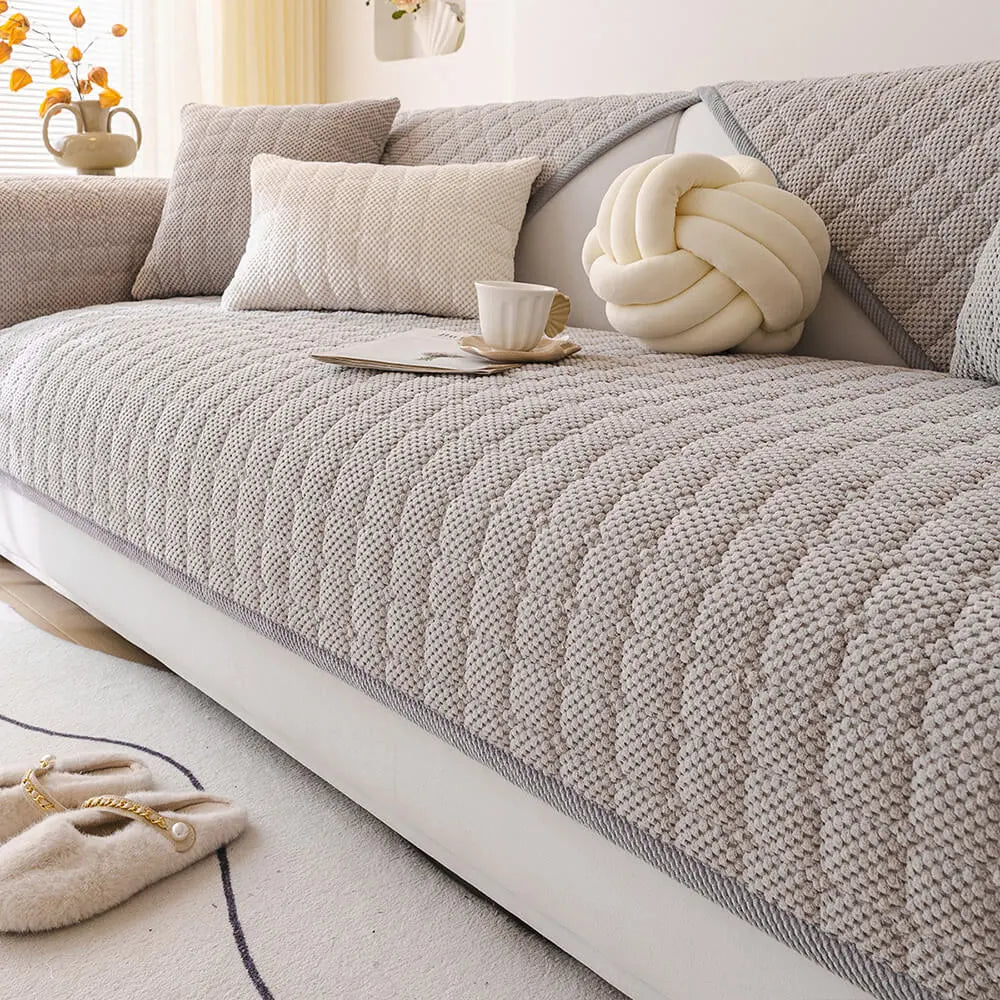 Cozy Quilted Grid Corduroy Thickened Anti-Slip Couch Cover