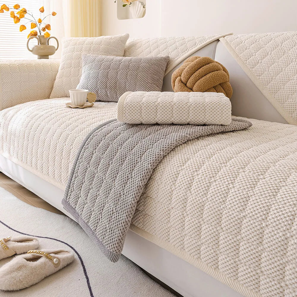 Cozy Quilted Grid Corduroy Thickened Anti-Slip Couch Cover
