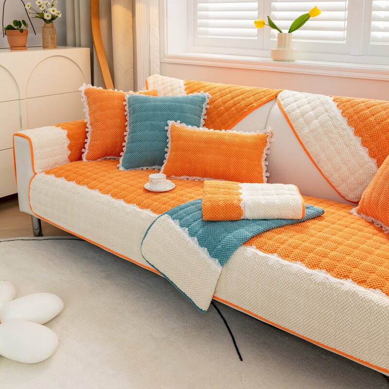 Corduroy Colour Block Non-slip Couch Cover with Lace