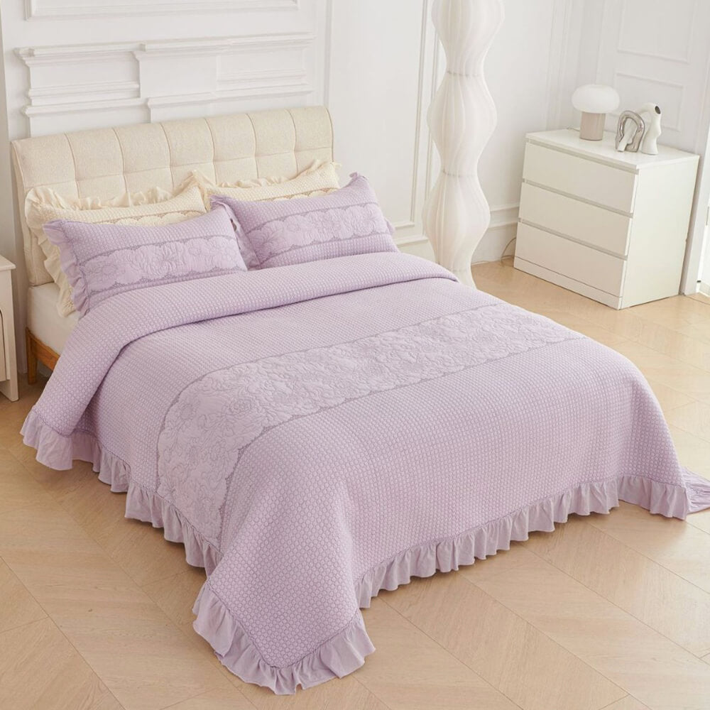 Ruffle Trim Soft Breathable Quilted Cotton Bedspread Set