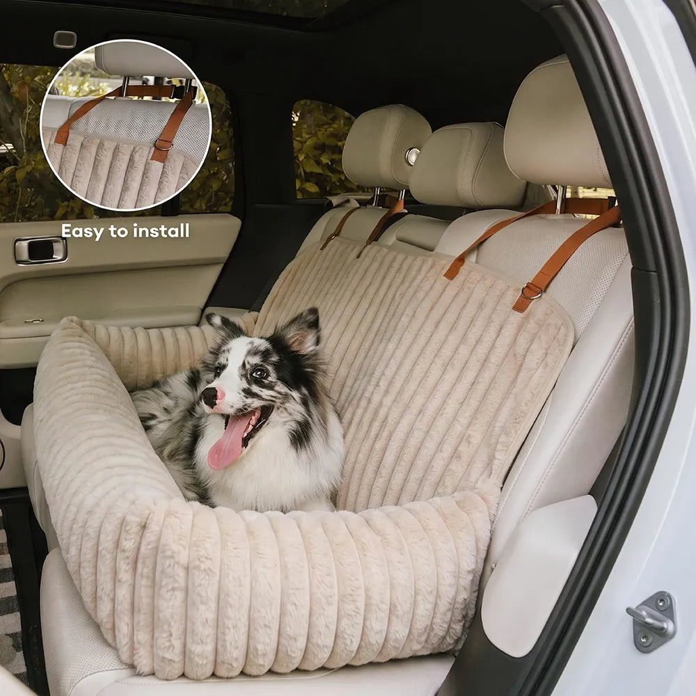Waterproof Ribbed Plush Bolster Dog Car Seat Bed with Safety Tethers