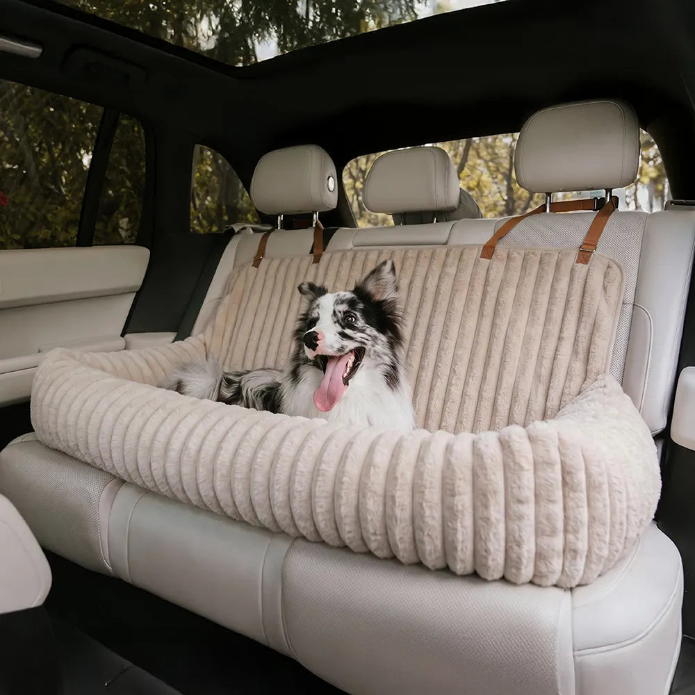 Waterproof Ribbed Plush Bolster Dog Car Seat Bed with Safety Tethers
