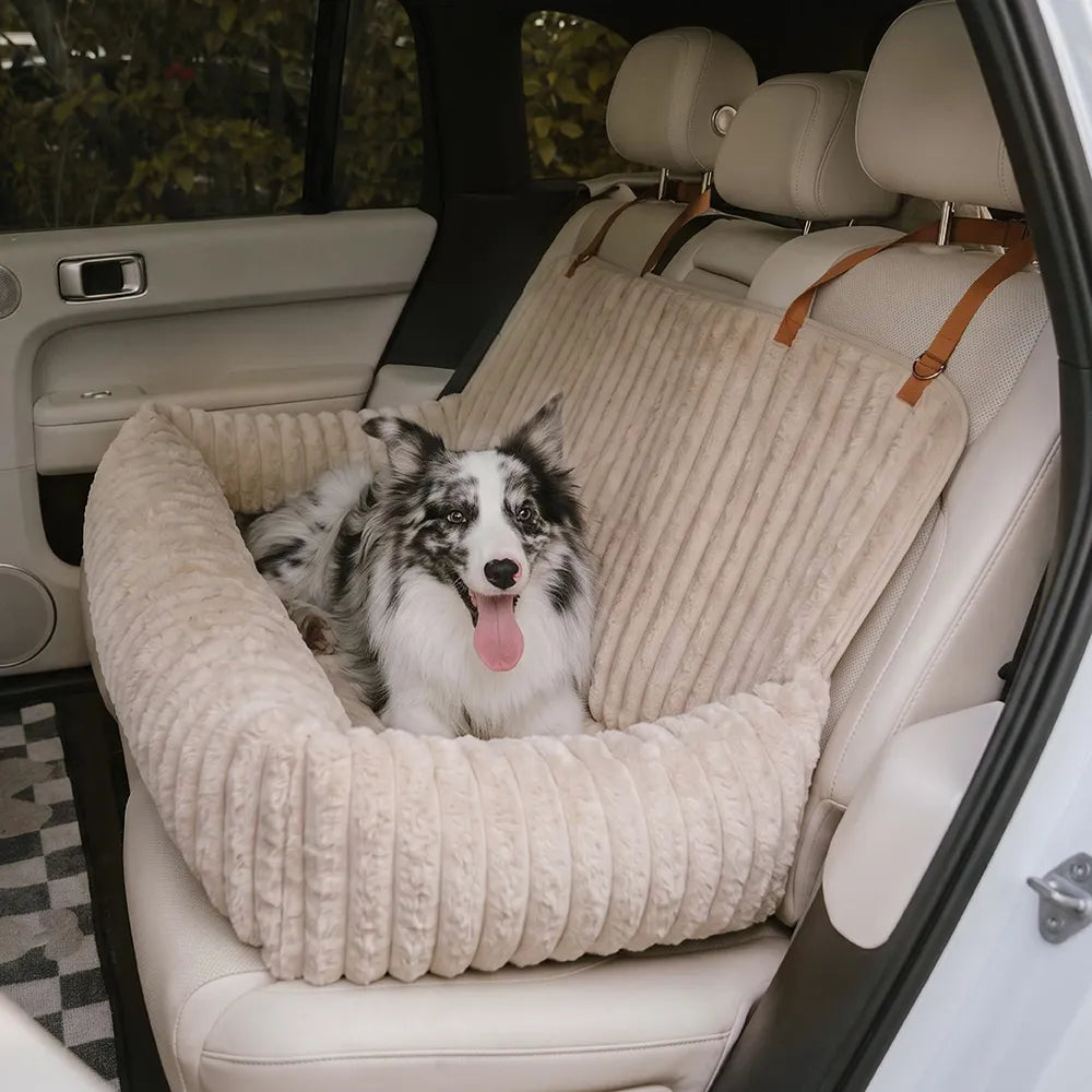 Waterproof Ribbed Plush Bolster Dog Car Seat Bed with Safety Tethers