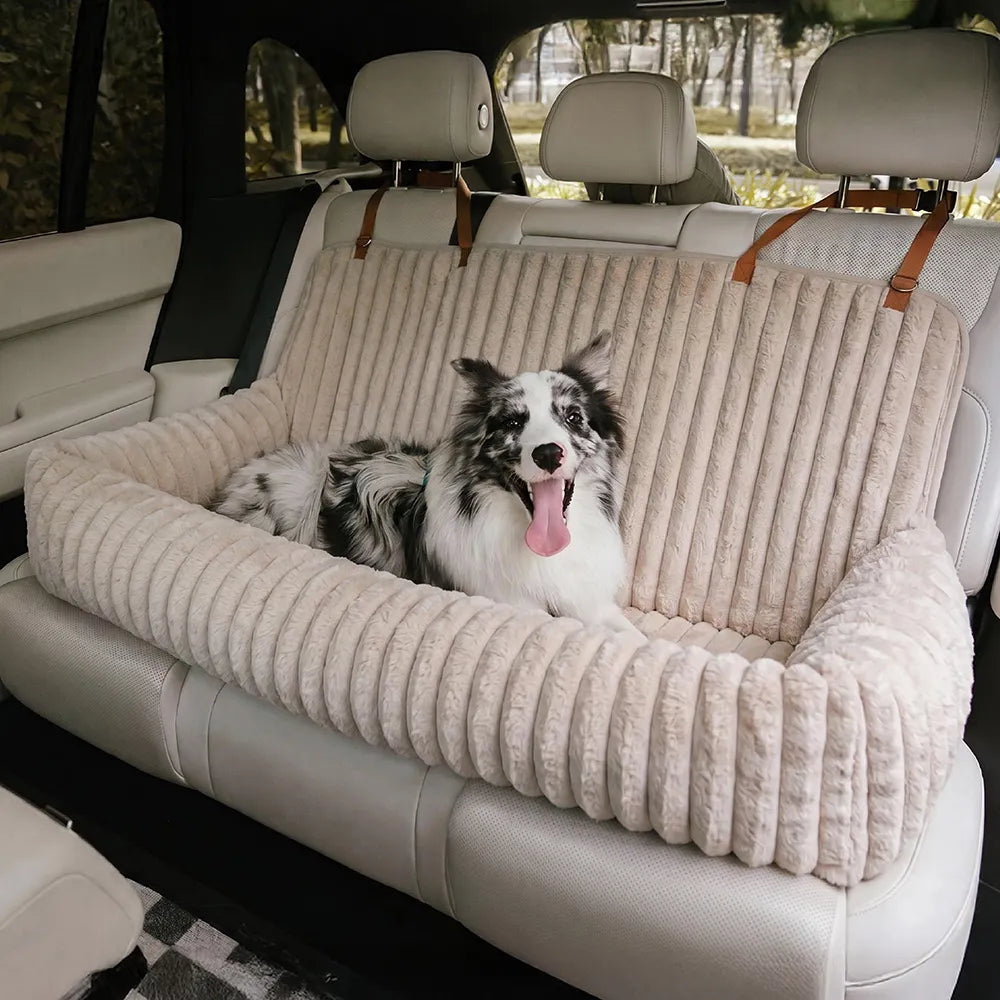 Waterproof Ribbed Plush Bolster Dog Car Seat Bed with Safety Tethers
