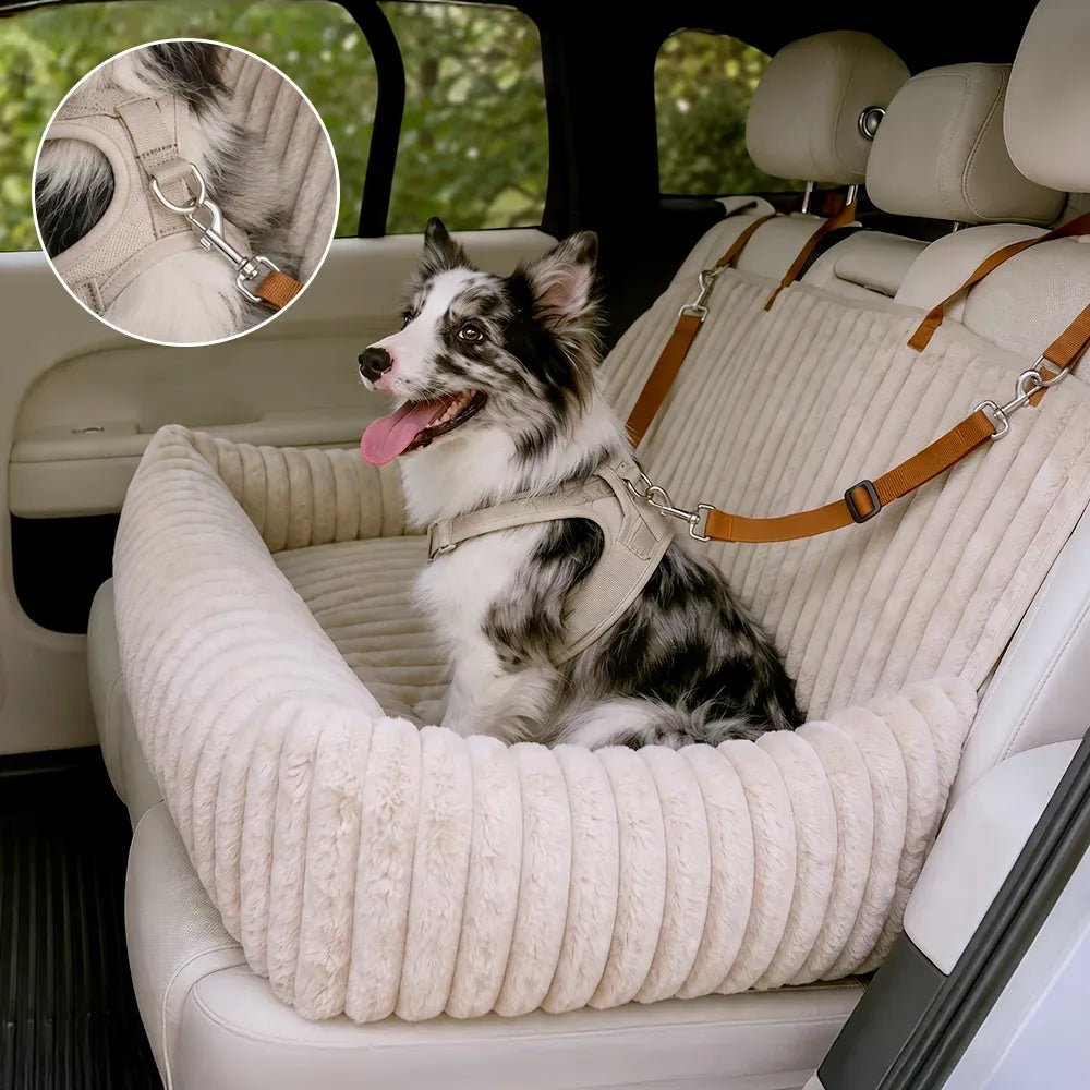 Waterproof Ribbed Plush Bolster Dog Car Seat Bed with Safety Tethers