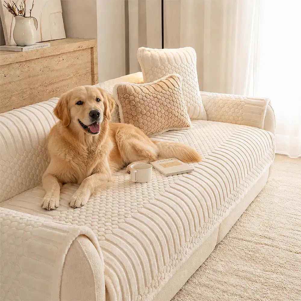 Striped & Bubble-Textured Plush Non-Slip Couch Cover