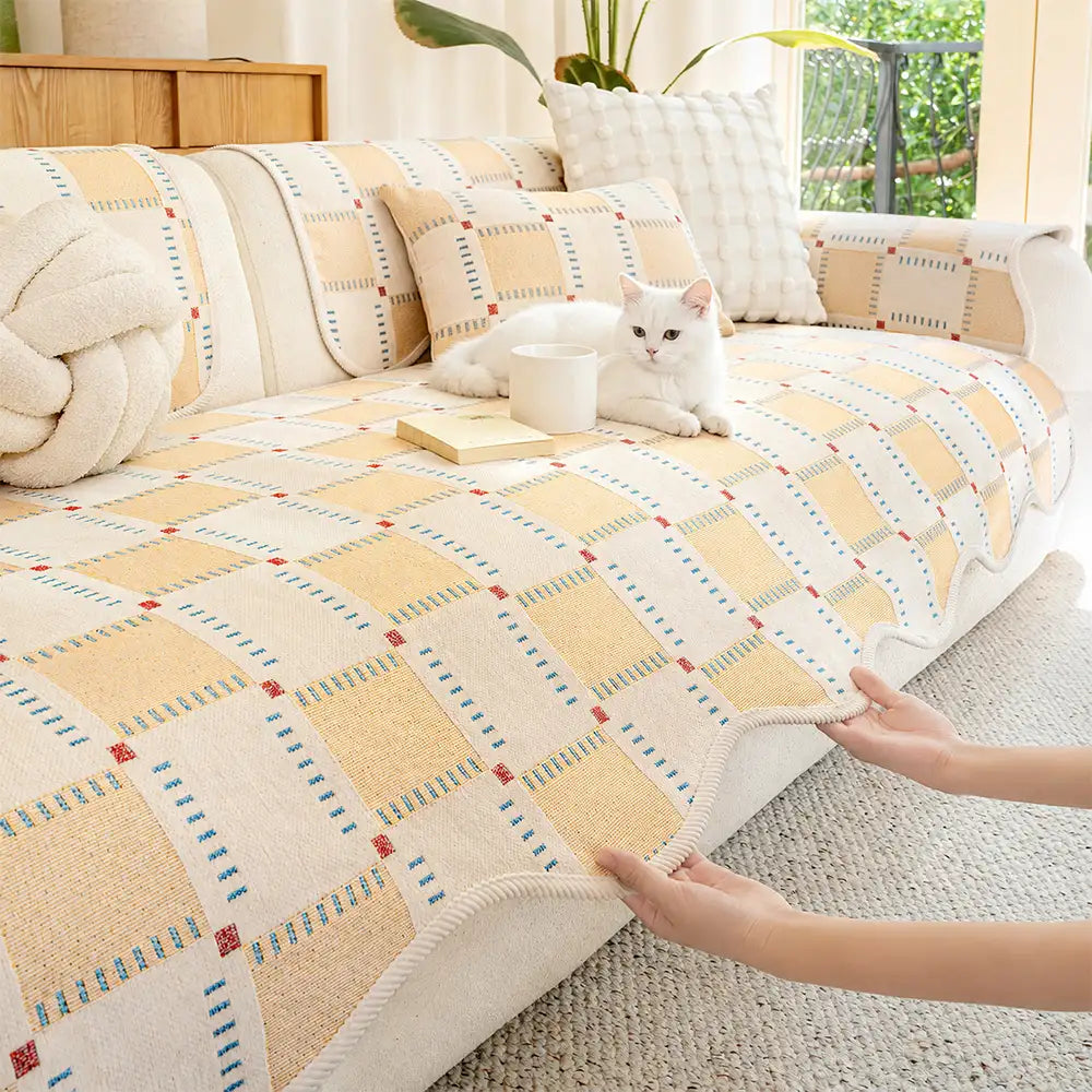Color-Block Plaid Chenille Anti-Scratch Non-Slip Couch Cover