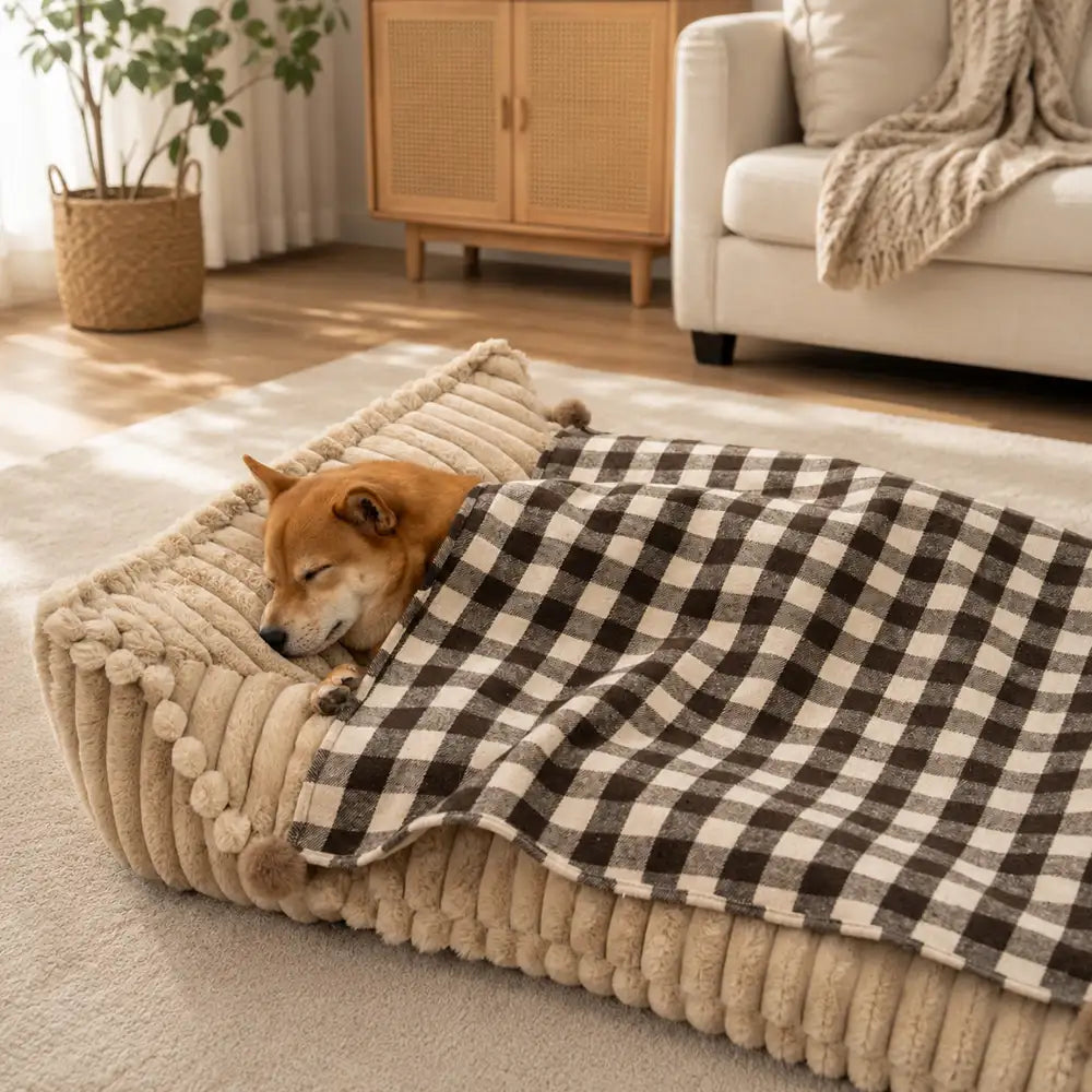 Cozy Reversible Plaid Plush Pet Throw Blanket with Pom-Poms