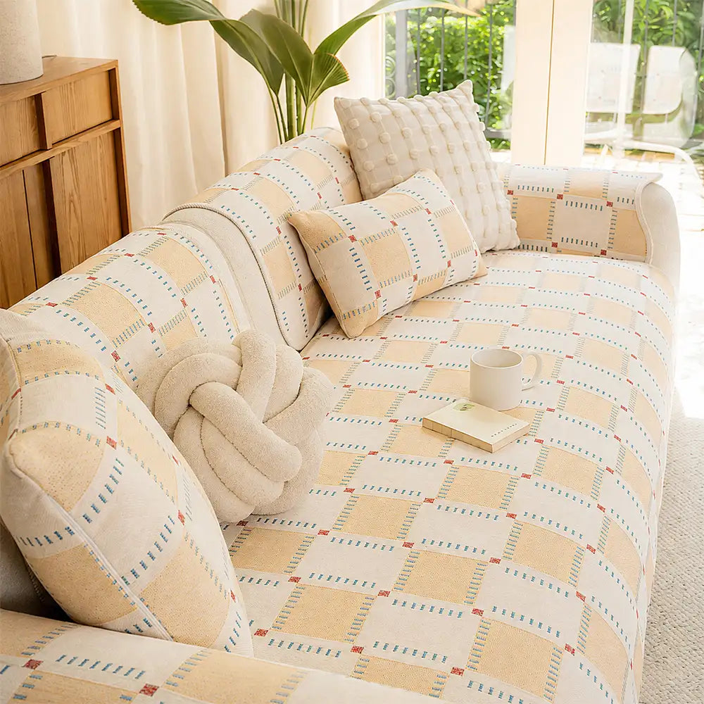 Color-Block Plaid Chenille Anti-Scratch Non-Slip Couch Cover