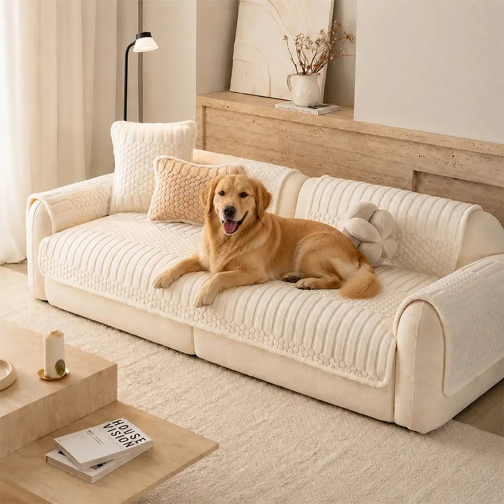 Striped & Bubble-Textured Plush Non-Slip Couch Cover