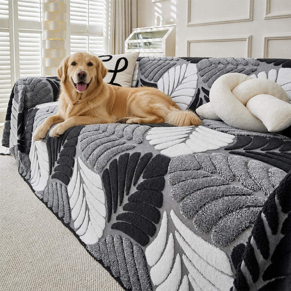 Pet-Friendly Thickened Soft Plush Leaf-Patterned Sofa Throw Couch Cover