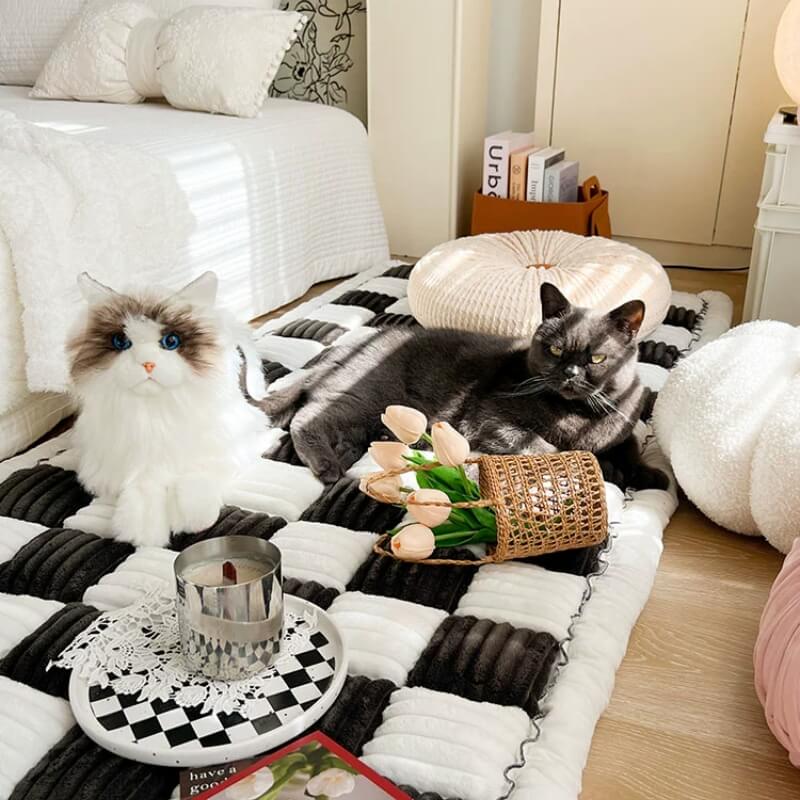 Cream-coloured Large Plaid Square Fuzzy Pet Dog Mat Bed Couch Cover