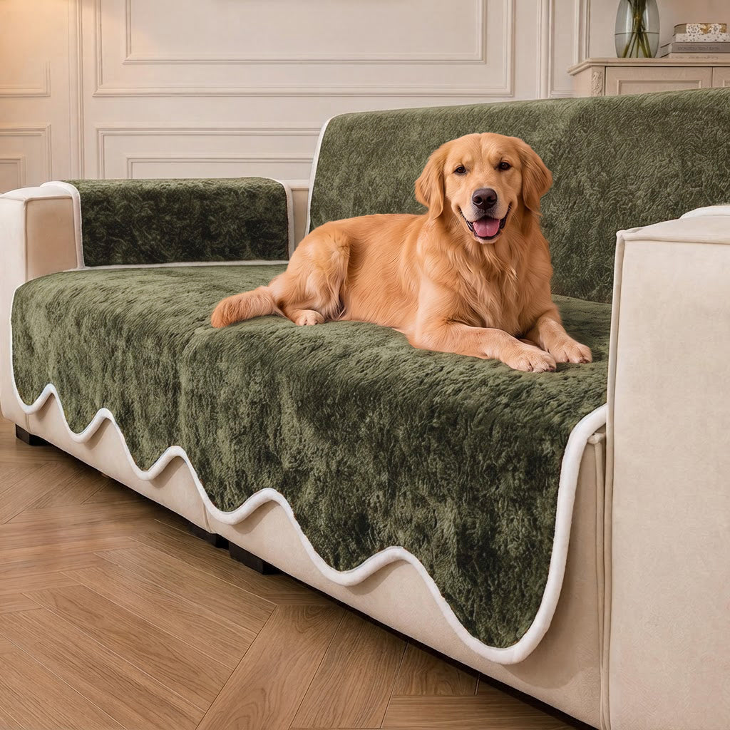 Waterproof Plush Velvet Contrast Wavy Edge Couch Cover