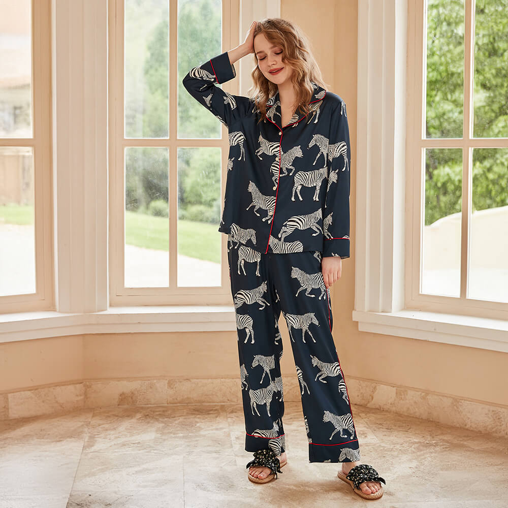 Elegant Animal Print Satin Long Sleeve Pajama Set