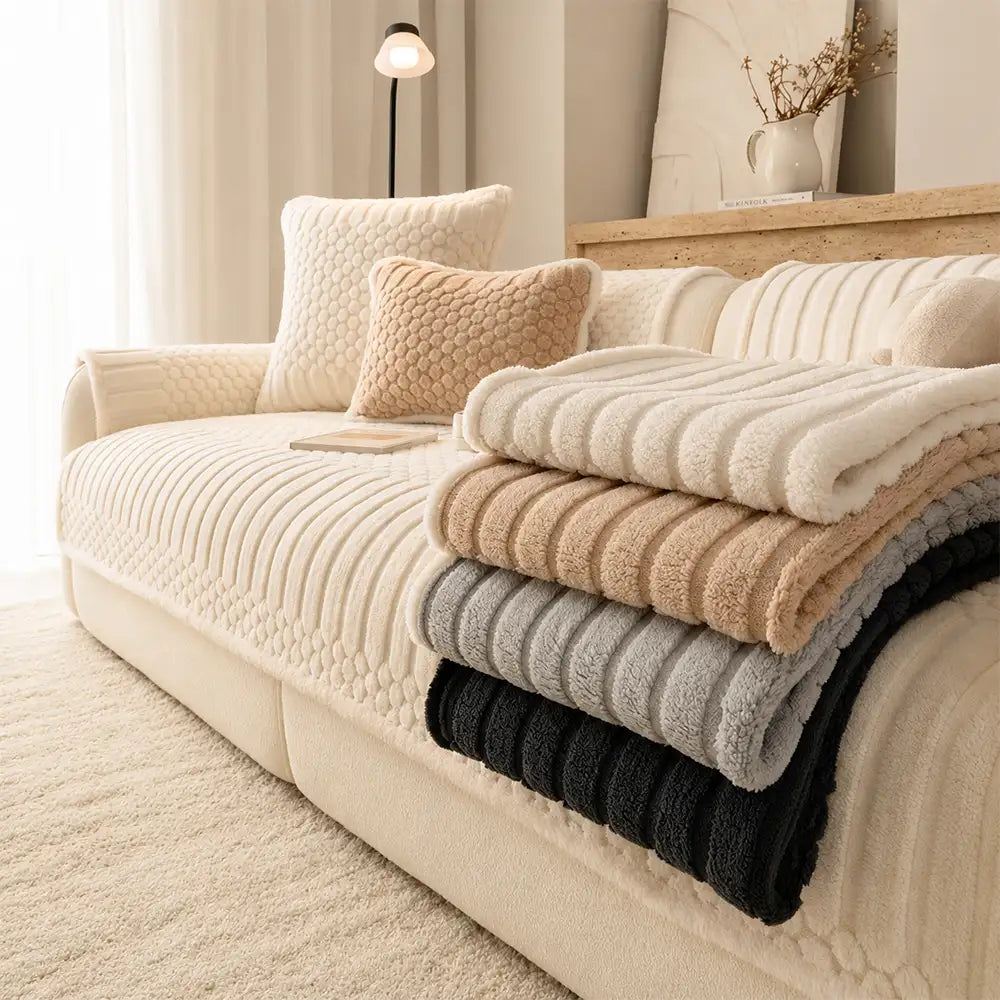Striped & Bubble-Textured Plush Non-Slip Couch Cover