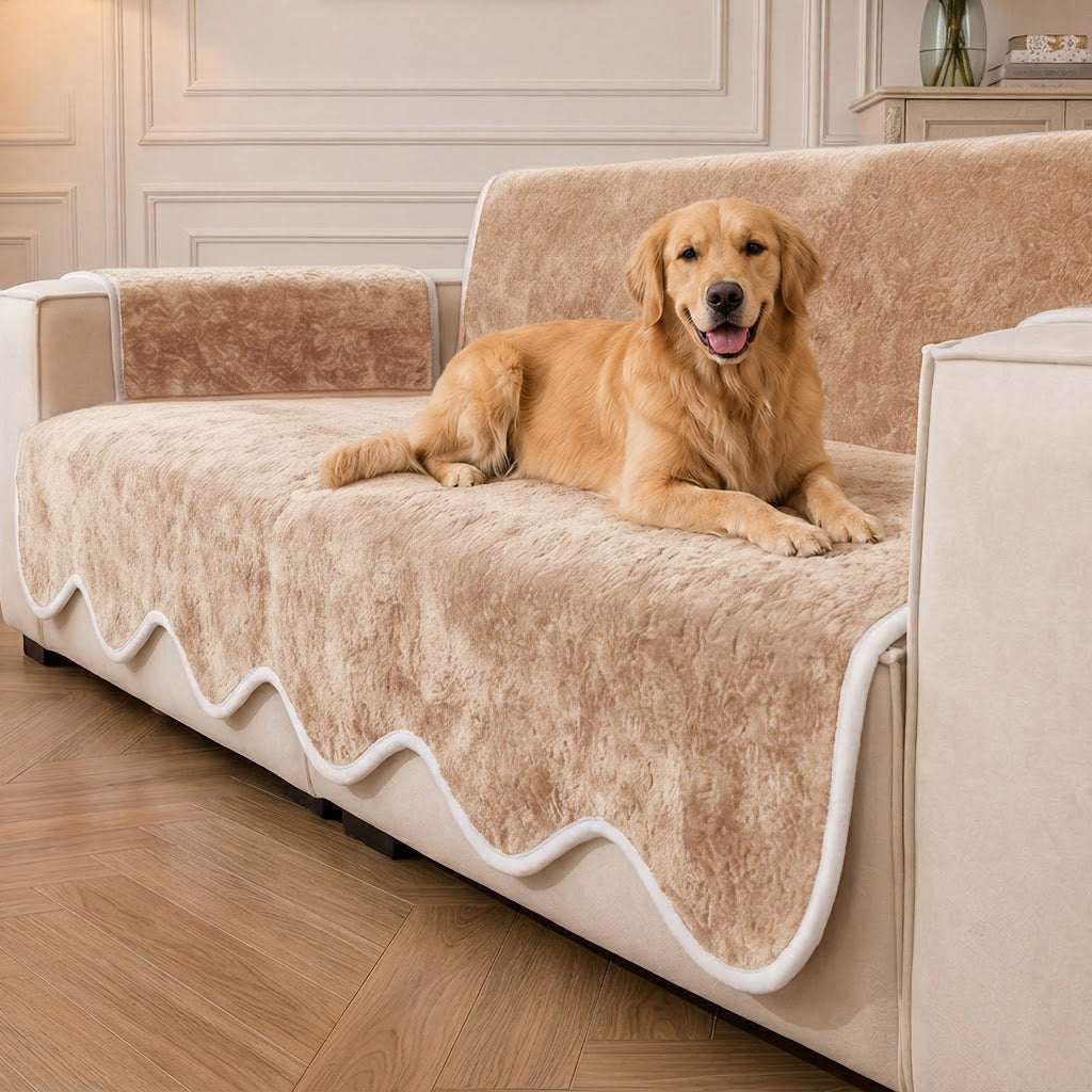 Waterproof Plush Velvet Contrast Wavy Edge Couch Cover