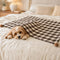 Cozy Reversible Plaid Plush Pet Throw Blanket with Pom-Poms