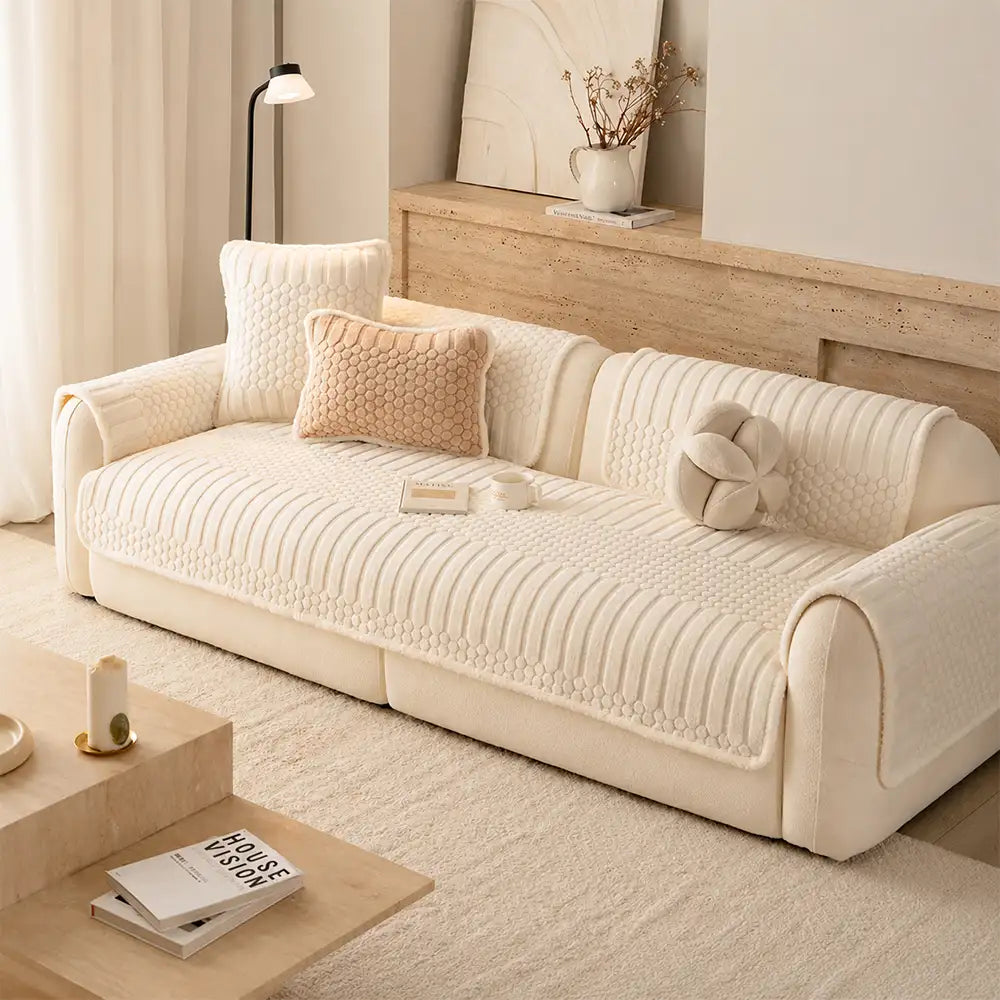Striped & Bubble-Textured Plush Non-Slip Couch Cover