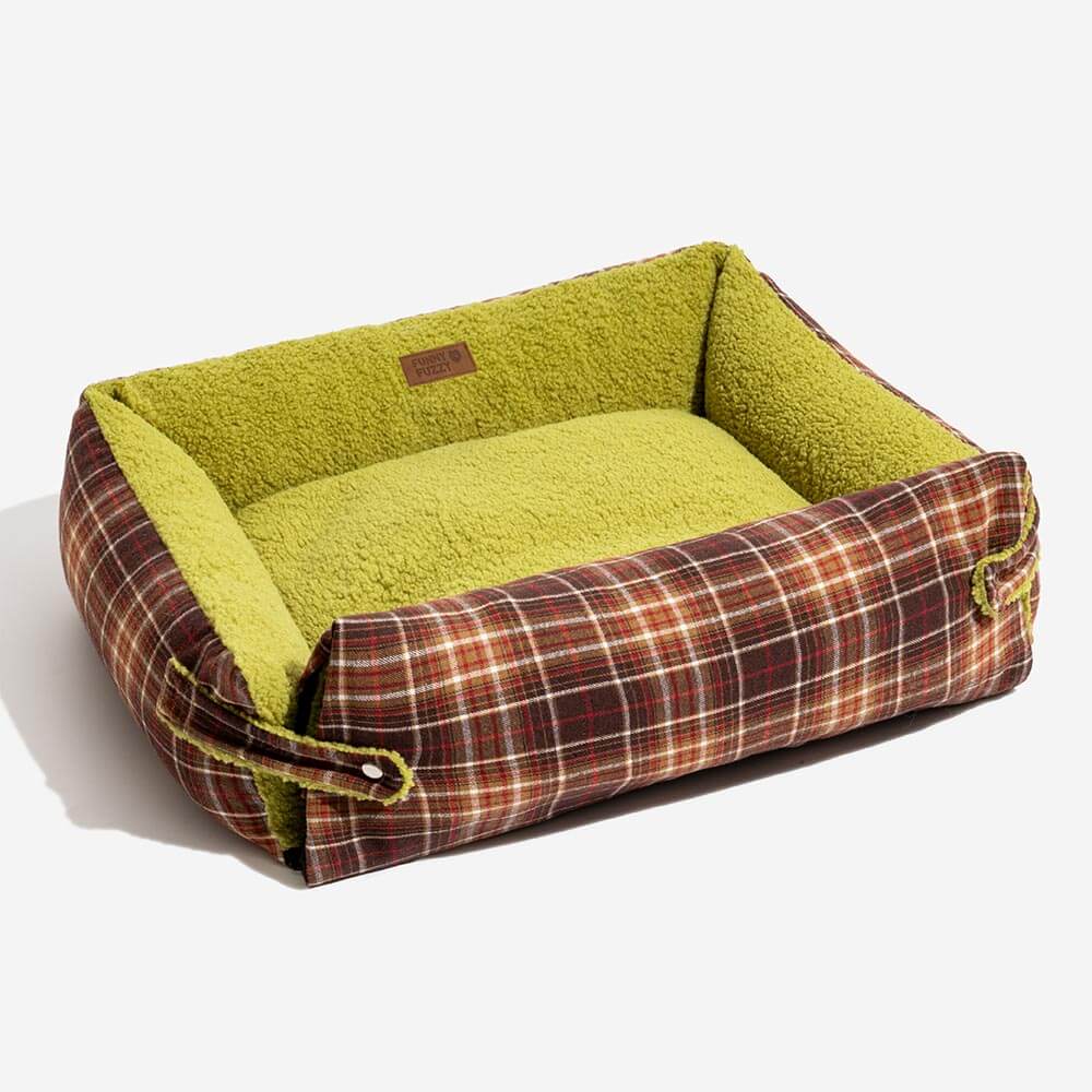 Cama plegable para perros con manta y diseño vintage de tartán lavable - Avocuddle