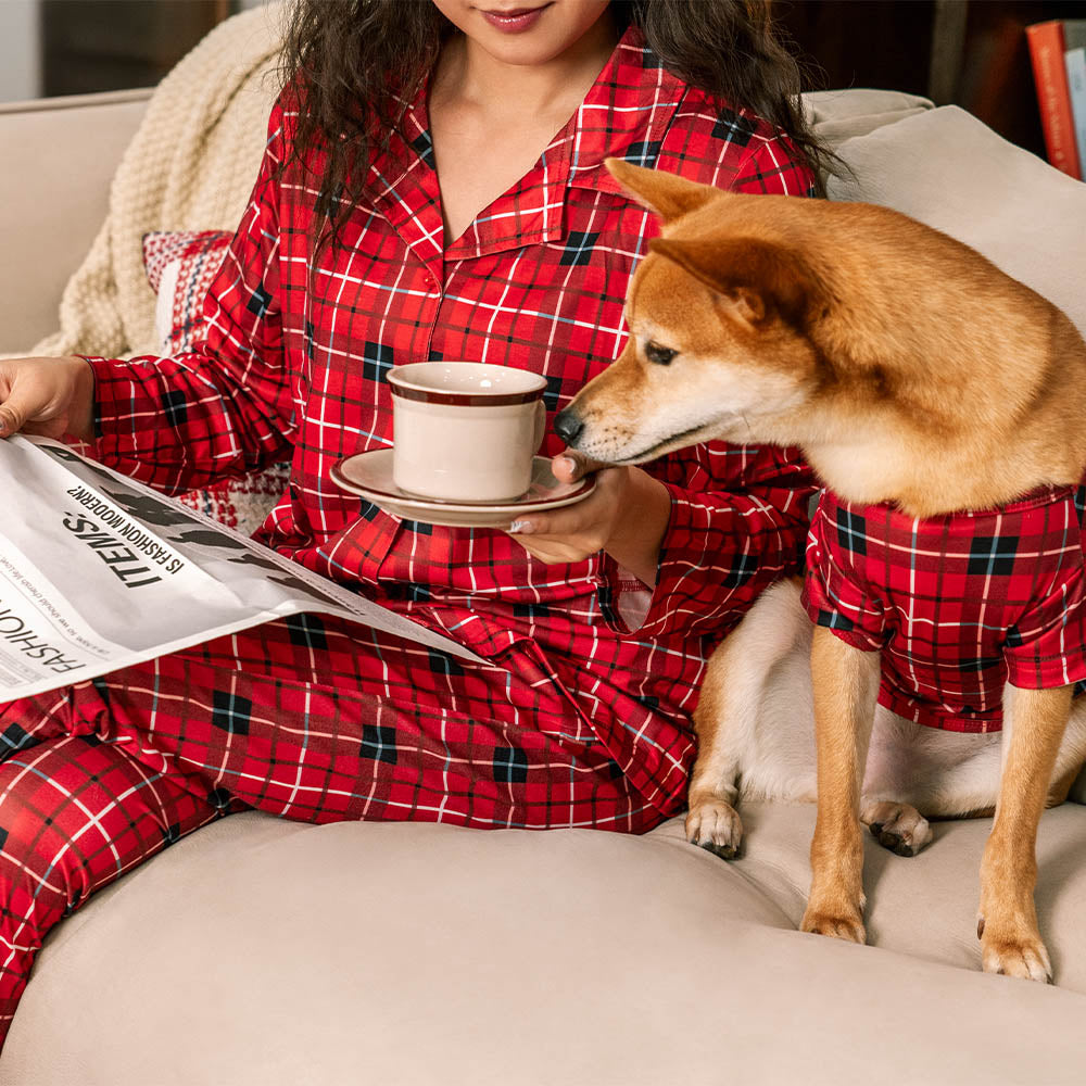 Christmas Red Checkered Full-Body Skin-Friendly Matching Pajamas for Dog and Owner