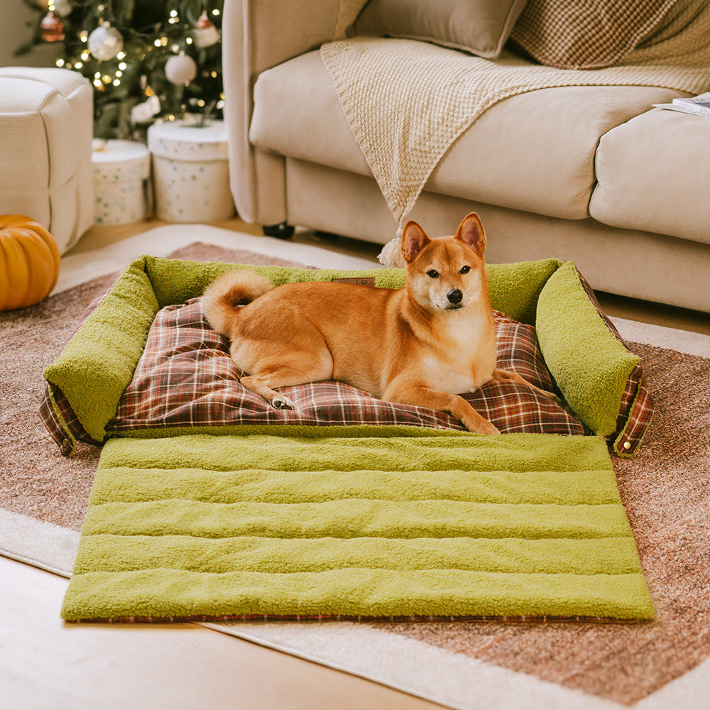 Cama plegable para perros con manta y diseño vintage de tartán lavable - Avocuddle