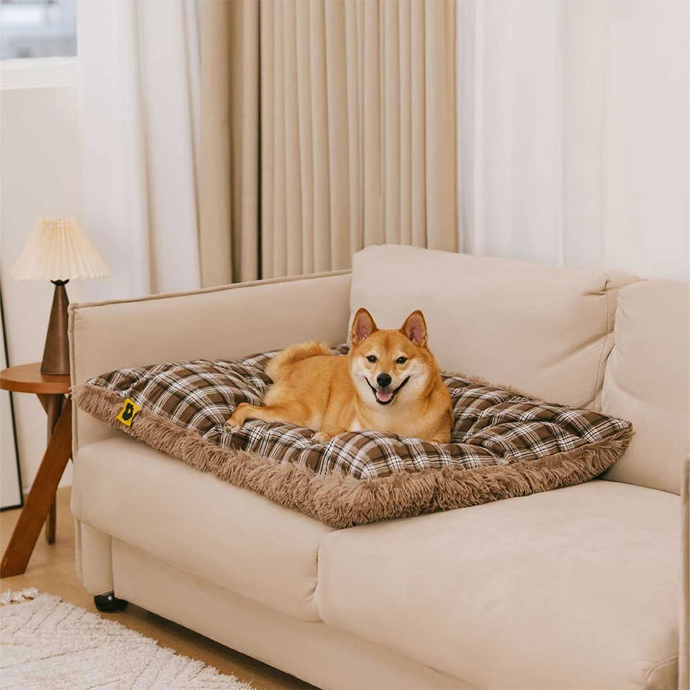 Estera de perro calmante de peluche extraíble de doble cara a cuadros clásico