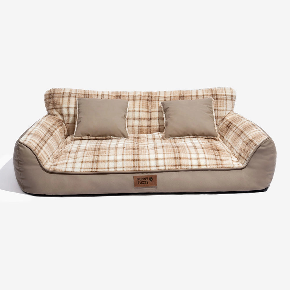 Vintage Plaid Plush Orthopedic Dog Sofa Bed with Pillows - CozyLuxe