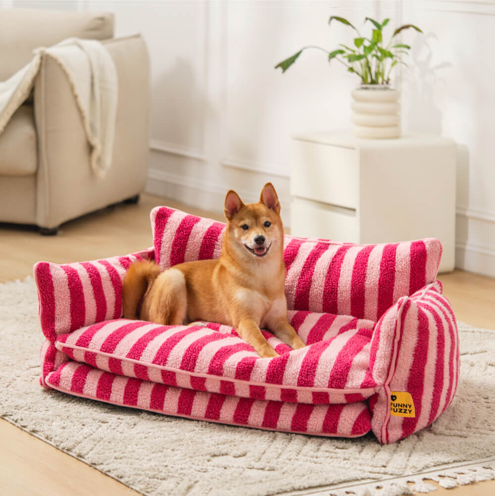 Canapé-lit à la mode rayé Fausse laine d’agneau Double couche pour chien et chat