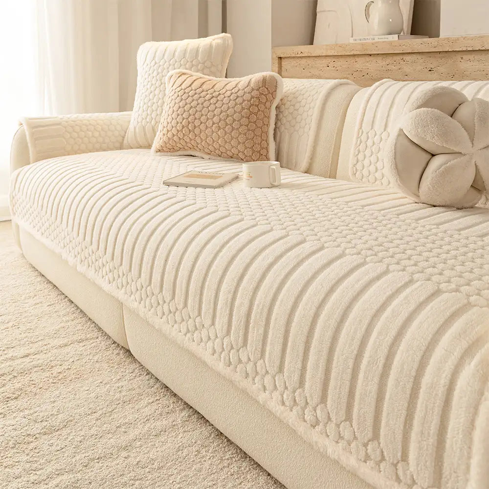 Striped & Bubble-Textured Plush Non-Slip Couch Cover