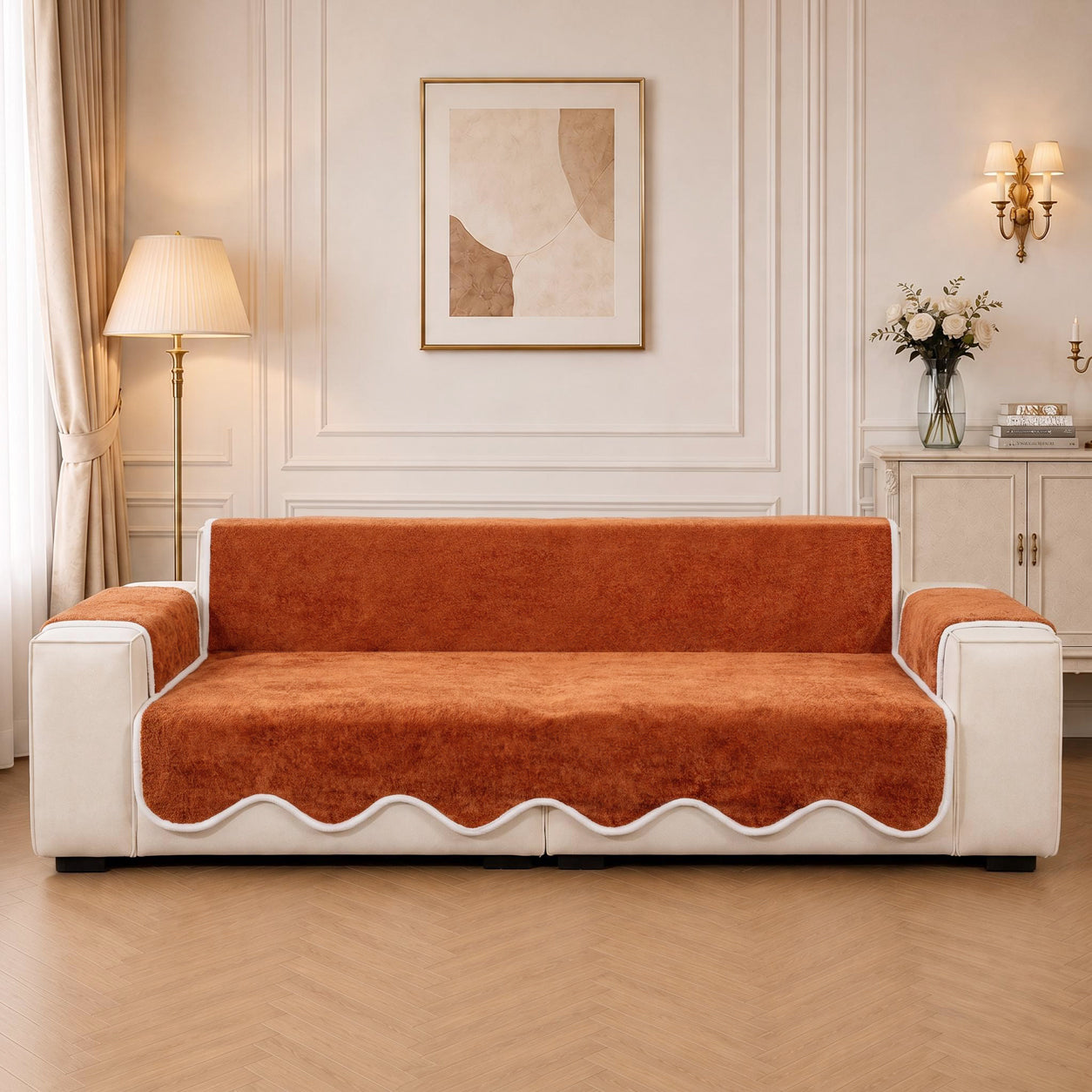 Waterproof Plush Velvet Contrast Wavy Edge Couch Cover