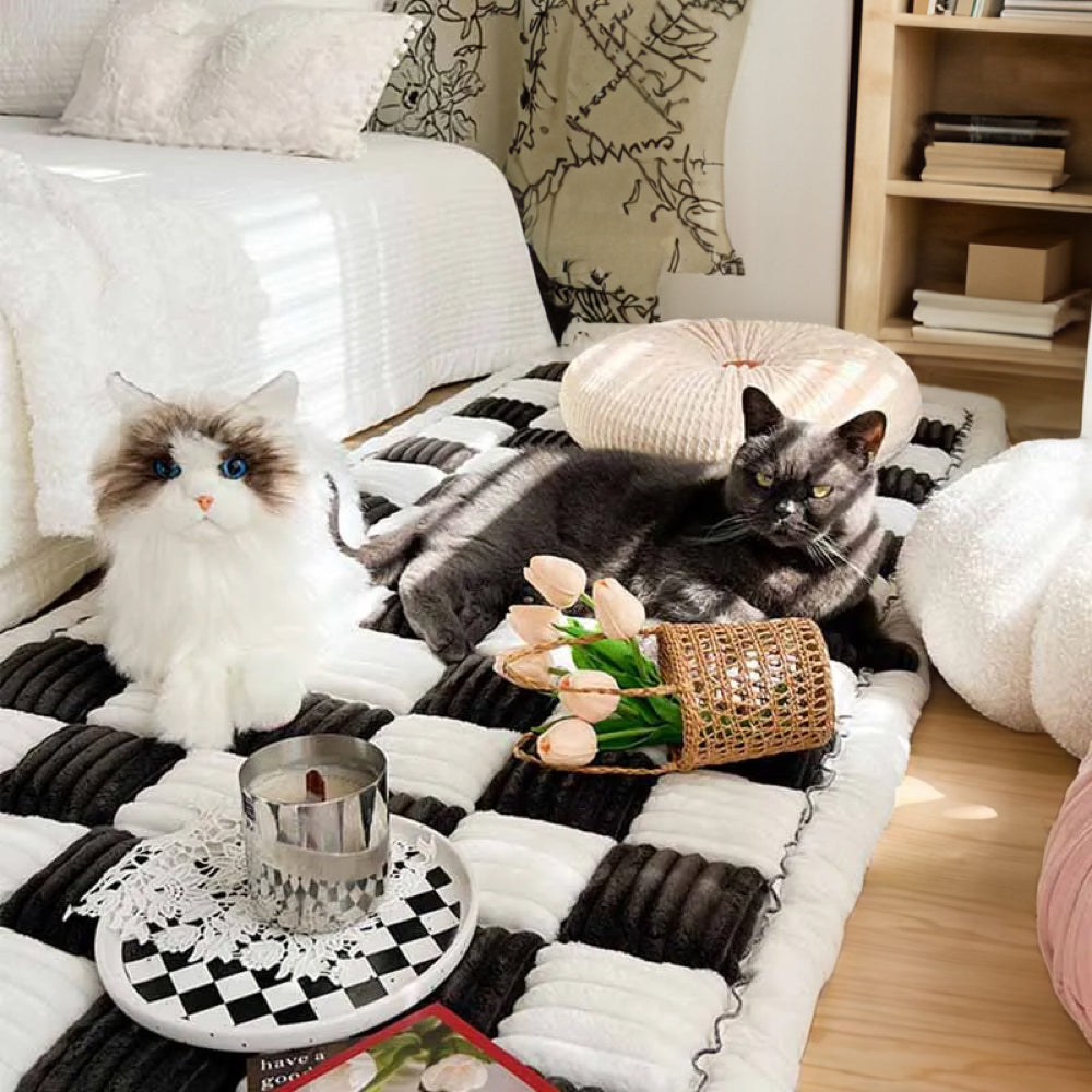Grand lit carré pour animaux de compagnie à carreaux de couleur crème