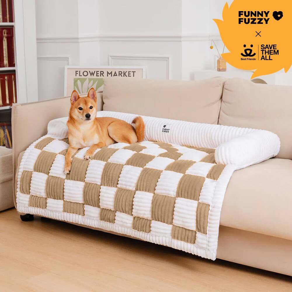 Cream Square Plaid Cozy Dog Mat Furniture Protector Cover