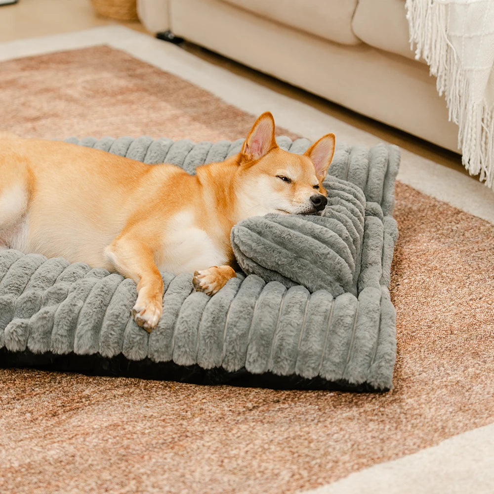 Plush Fluffy Thick Comfort Calming Dog Bed with Pillow