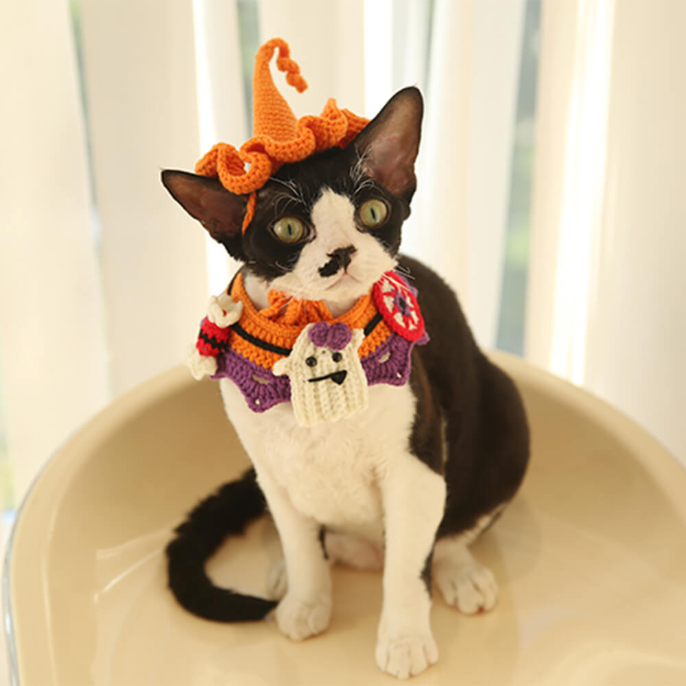 Halloween Pet Costume Handmade Knitted Pumpkin Collar and Witch Hat