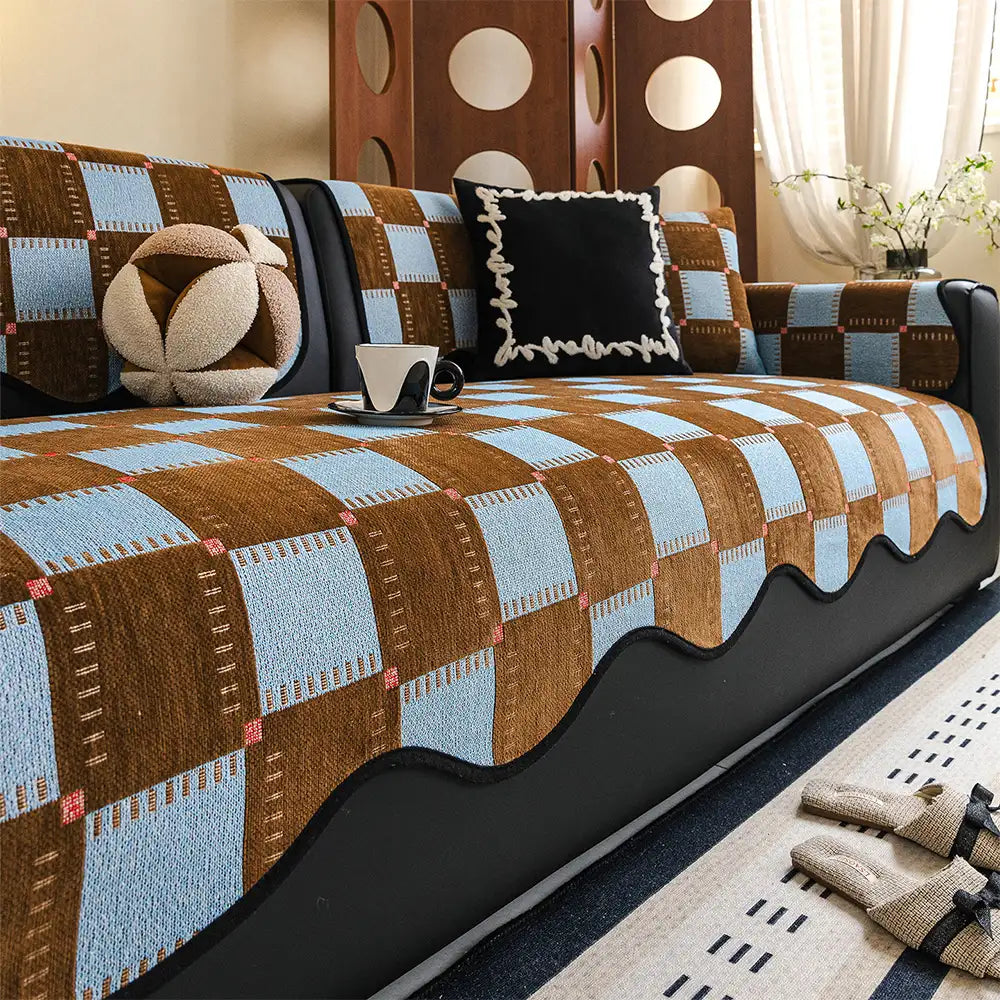 Color-Block Plaid Chenille Anti-Scratch Non-Slip Couch Cover