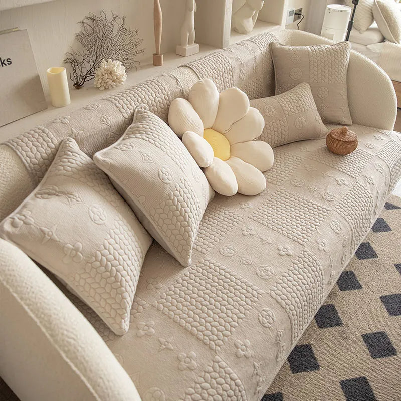 Capa de sofá de algodão lavável com bordado de trigo 3D antiderrapante e antiderrapante para animais de estimação