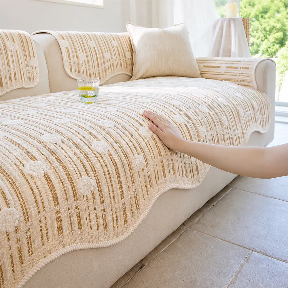 Modern Textured Striped Chenille Non-Slip Couch Cover