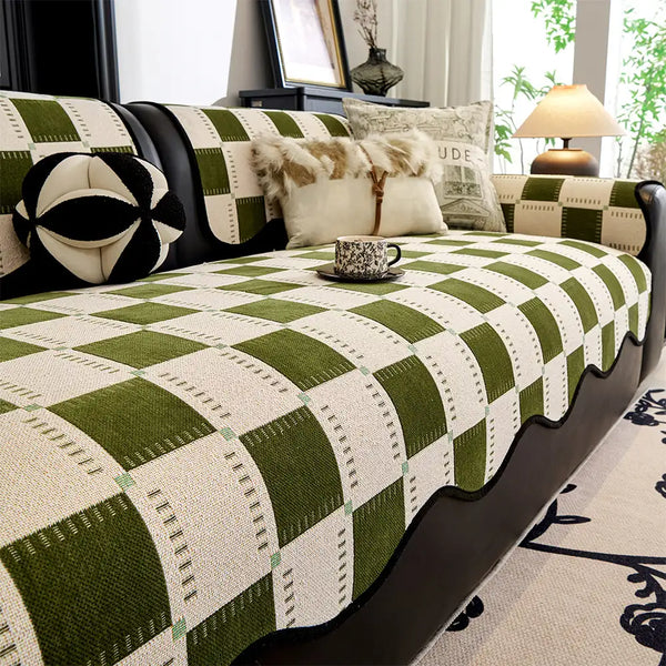 Color-Block Plaid Chenille Anti-Scratch Non-Slip Couch Cover