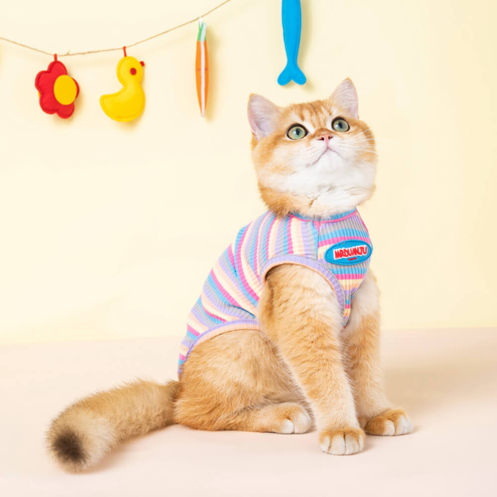 Camiseta sin mangas con diseño de gato a rayas de colores, bonita y cómoda camiseta para mascotas para gatos y perros