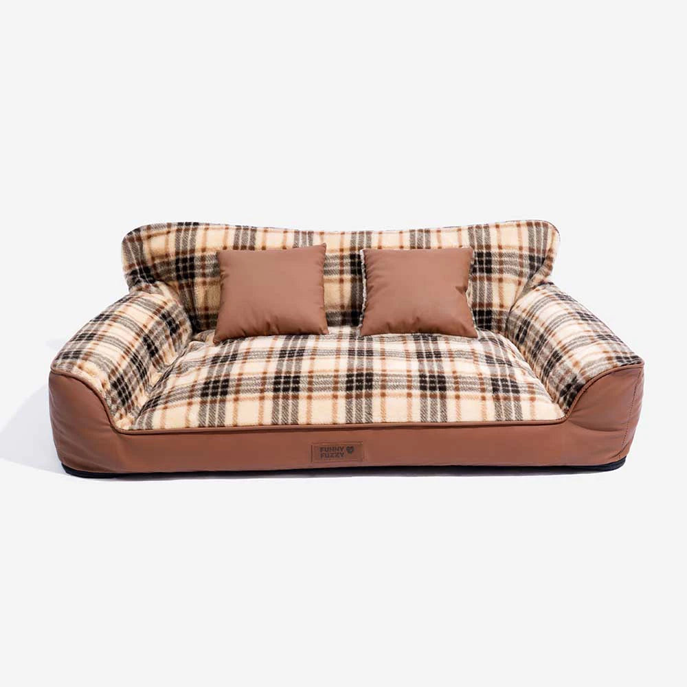 Vintage Plaid Plush Orthopedic Dog Sofa Bed with Pillows - CozyLuxe