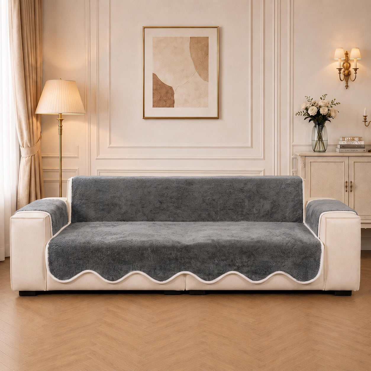 Waterproof Plush Velvet Contrast Wavy Edge Couch Cover
