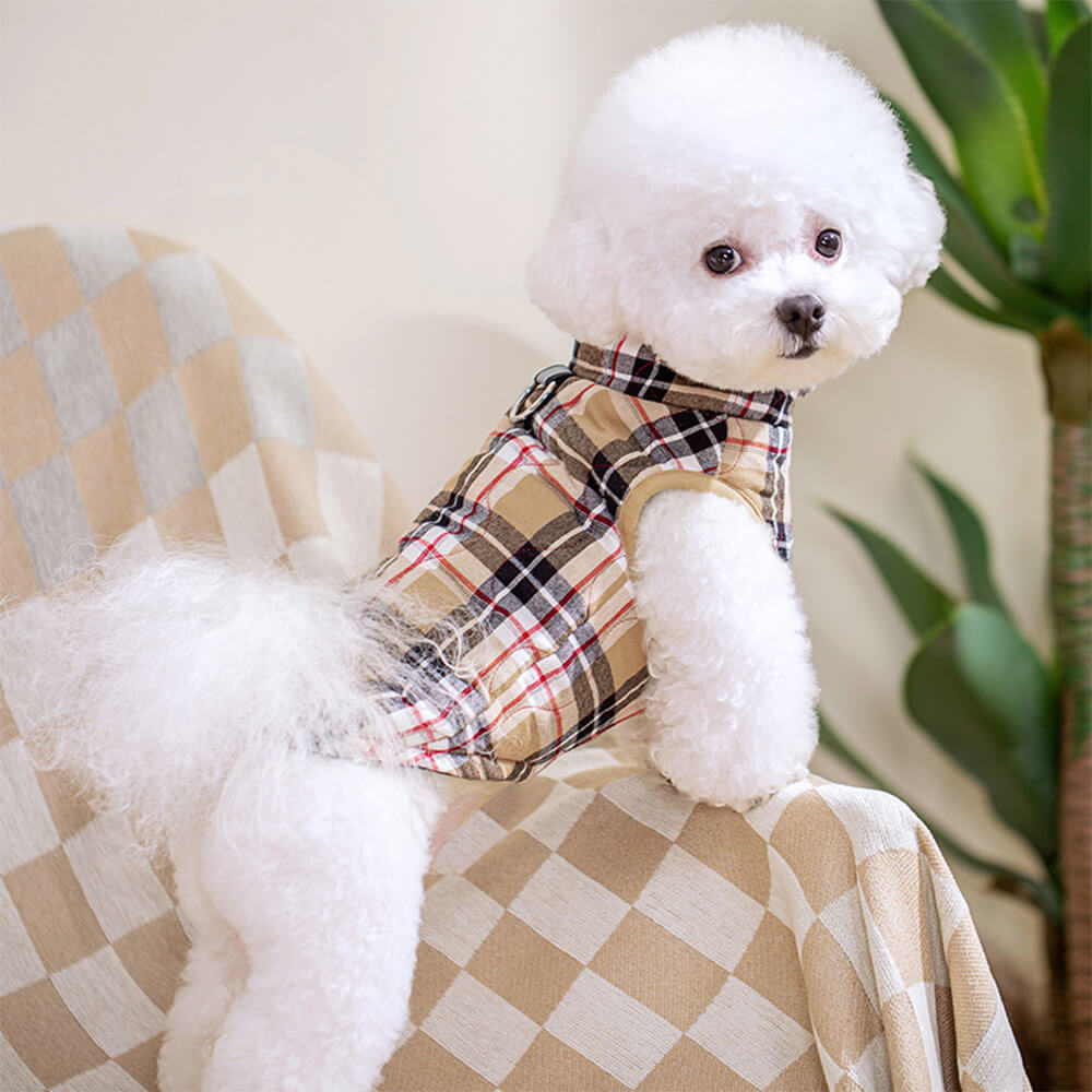 British Style Plaid Dog Vest Padded Jacket with D-Ring