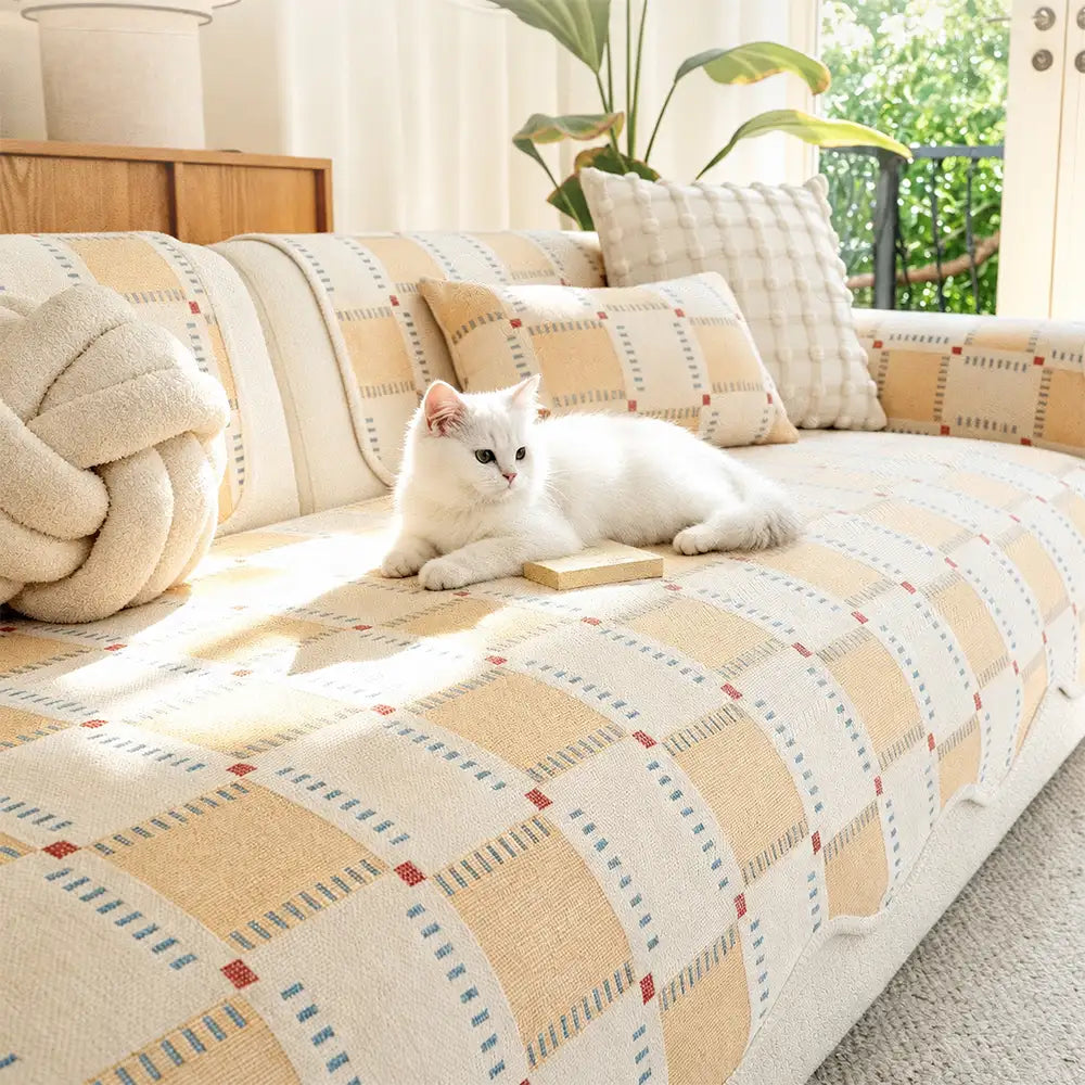 Color-Block Plaid Chenille Anti-Scratch Non-Slip Couch Cover